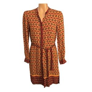 Zara‎ Woman Contrast Print Long Sleeve Belted Shirt Dress Thanksgiving Small